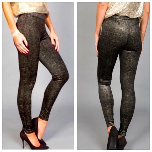 Spanx Velvet Shine Leggings Womens Sz 1X Black Gold Metallic Shimmer High Rise - Picture 1 of 12